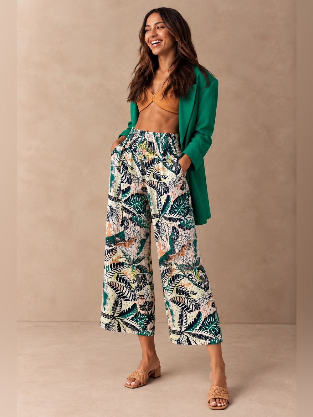 Tahari Linen Blend Tropical Leaf Wide Leg Cropped Pants Medium